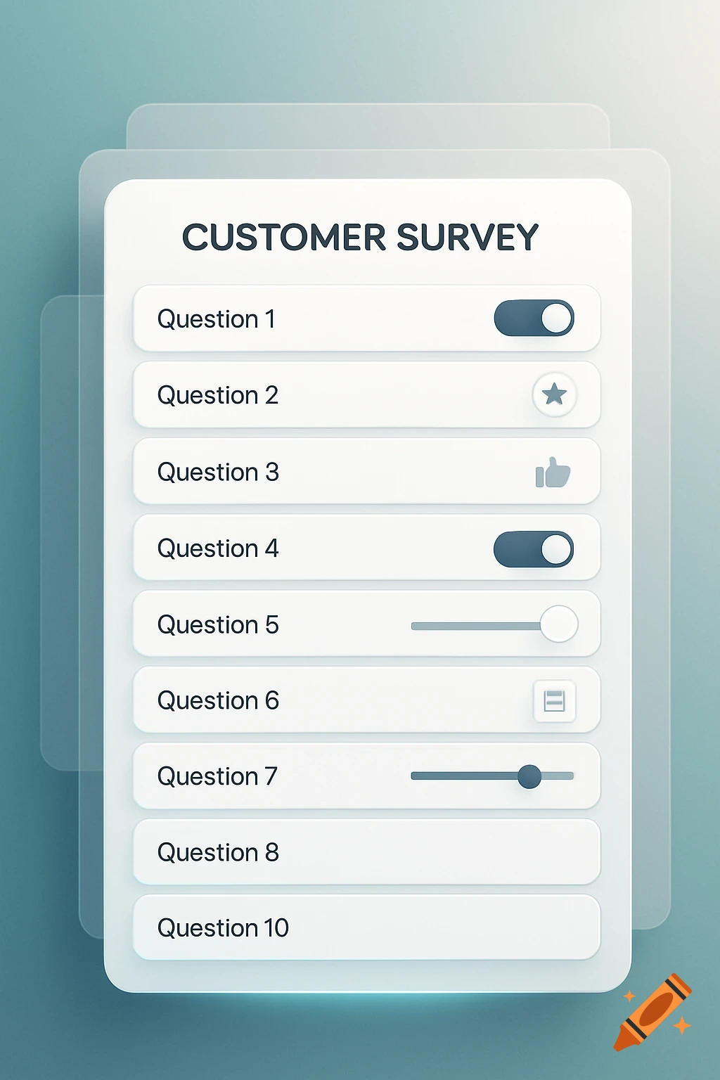 A clean digital customer survey form with questions, sliders, and toggle switches on a white card against a blurred background.