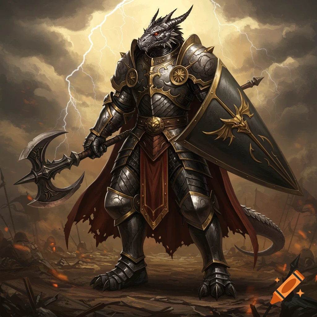 A formidable dragonborn knight in detailed armor stands on a stormy battlefield, holding a halberd and shield, as lightning strikes.