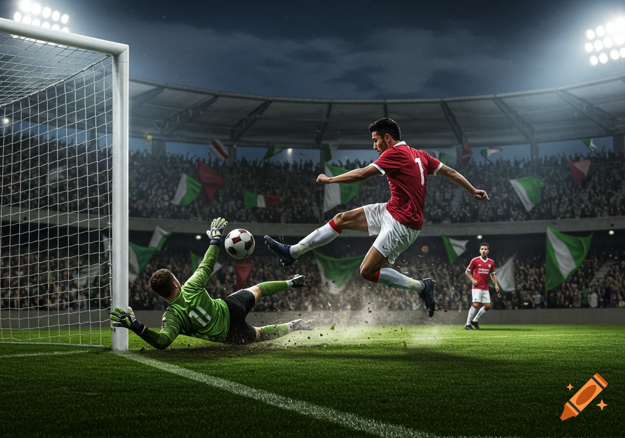 A soccer player in a red jersey jumps to kick a ball past a diving goalie in a green jersey during a game in a brightly lit stadium.