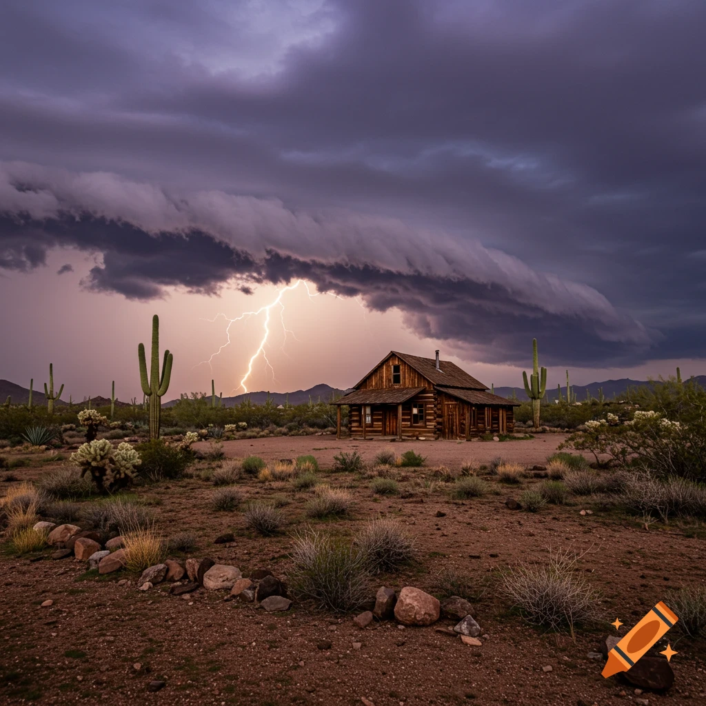 A rustic log cabin stands in the Sonoran Desert under a dramatic purple sky with a lightning bolt striking in the distance.
