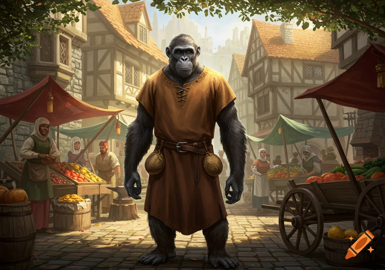 A large ape in a brown tunic stands prominently in a sunny, bustling medieval market street with villagers and stalls.