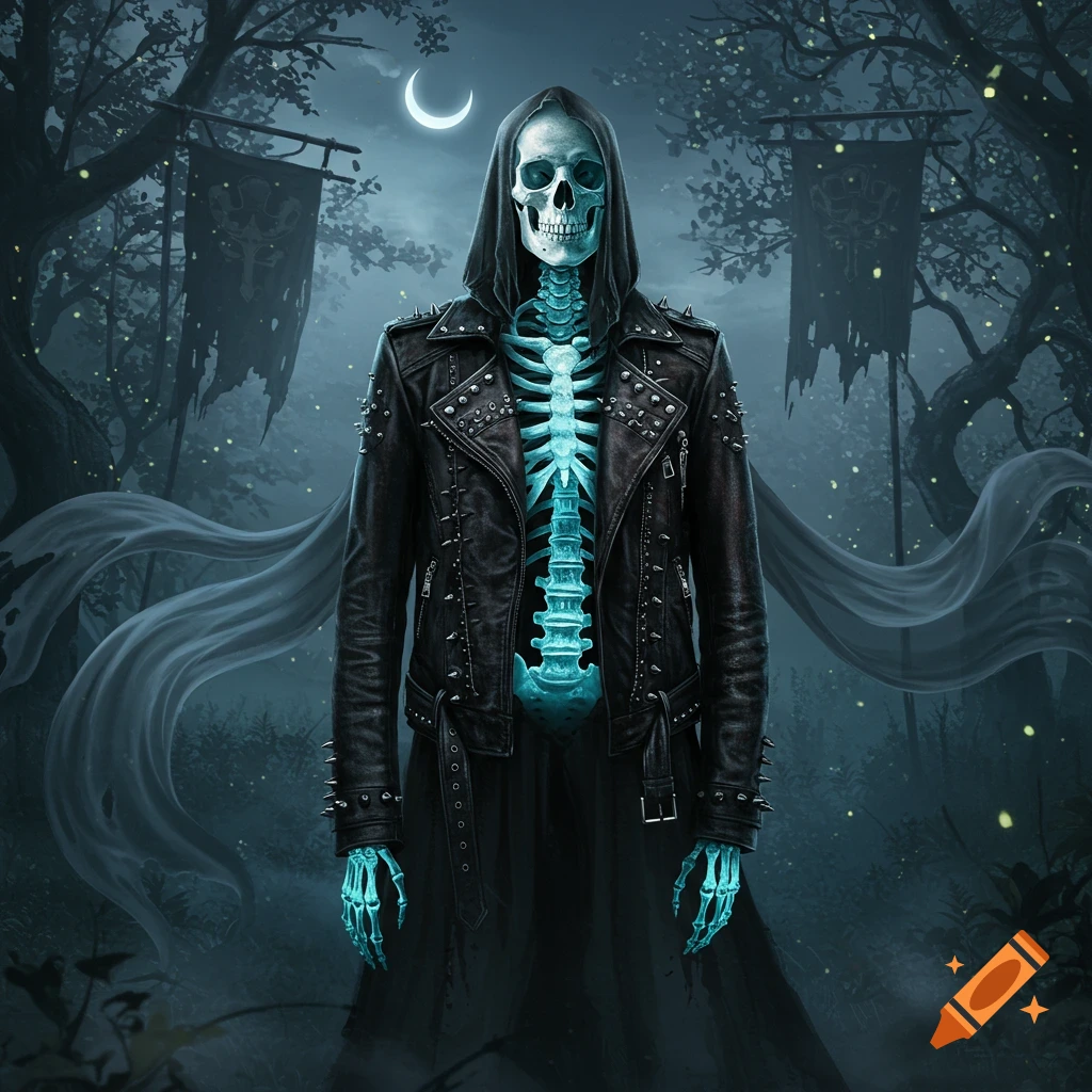 A skeletal figure wearing a studded leather jacket and cloak stands in a dark, moonlit forest with glowing fireflies and tattered banners.