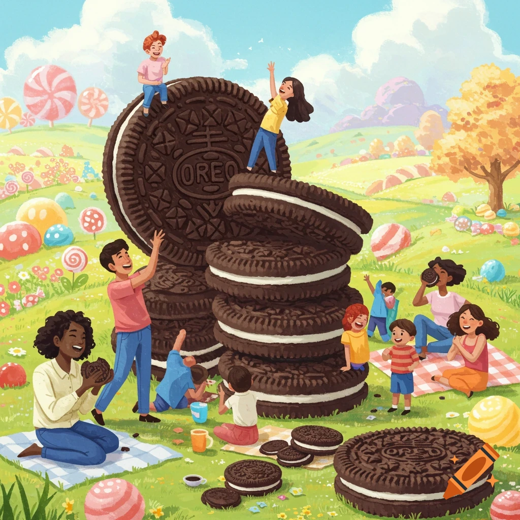 Cartoon illustration of a diverse group of people picnicking in a candy land, surrounded by giant Oreo cookies.