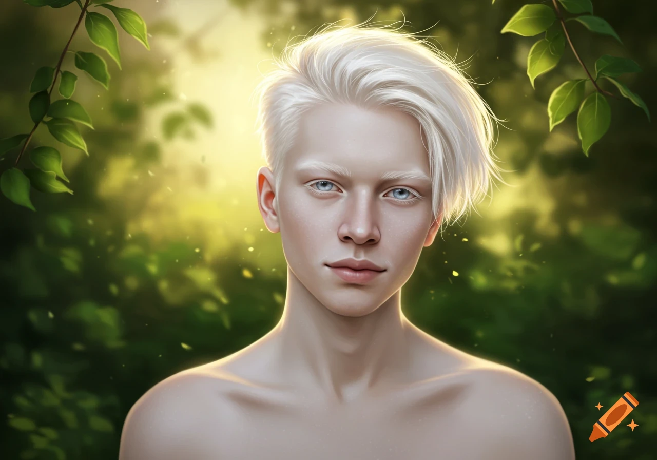 A realistic portrait of a young man with white hair and blue eyes, against a sunlit green forest background.