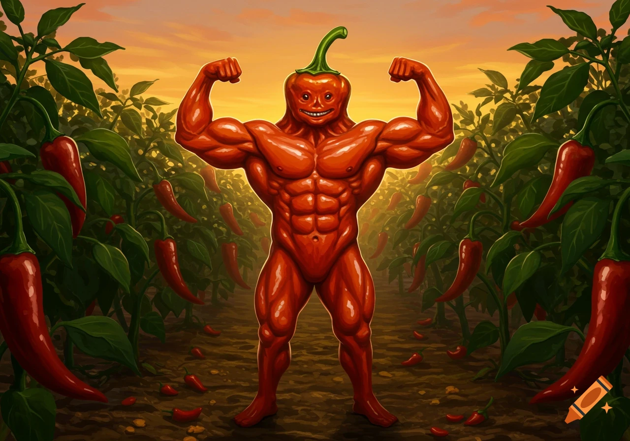 A muscular, anthropomorphic red chili pepper flexing its biceps in a pepper field at sunset, in a vibrant cartoon style.