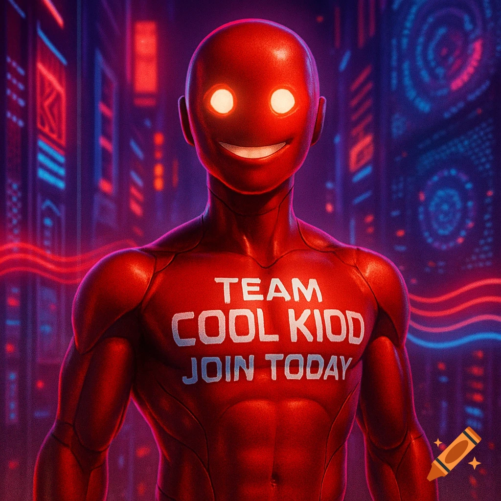 Red humanoid robot with glowing eyes and a wide smile, wearing a suit with 'TEAM COOL KIDD JOIN TODAY' on its chest, in a neon futuristic city.