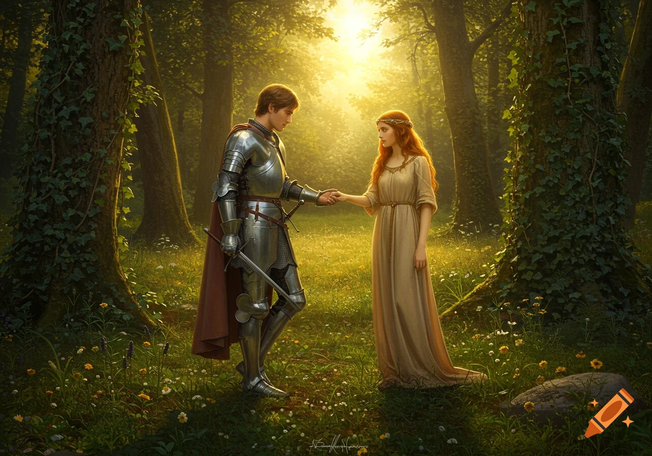 A medieval knight and a maiden hold hands in a sunlit, ethereal forest, rendered in the style of a romantic Pre-Raphaelite painting.