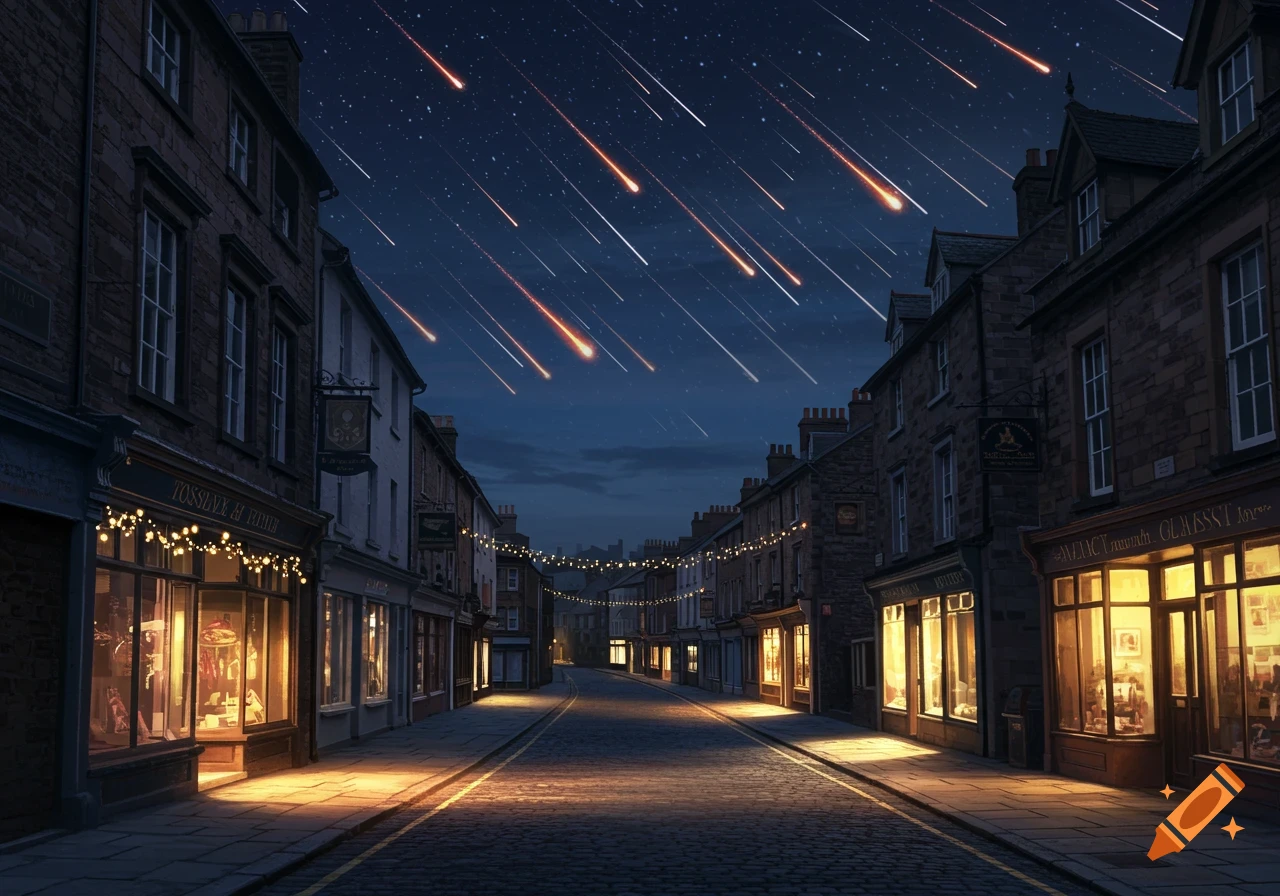 An intense meteor shower illuminates the night sky over a charming, lamp-lit cobblestone street lined with traditional brick buildings and shops.