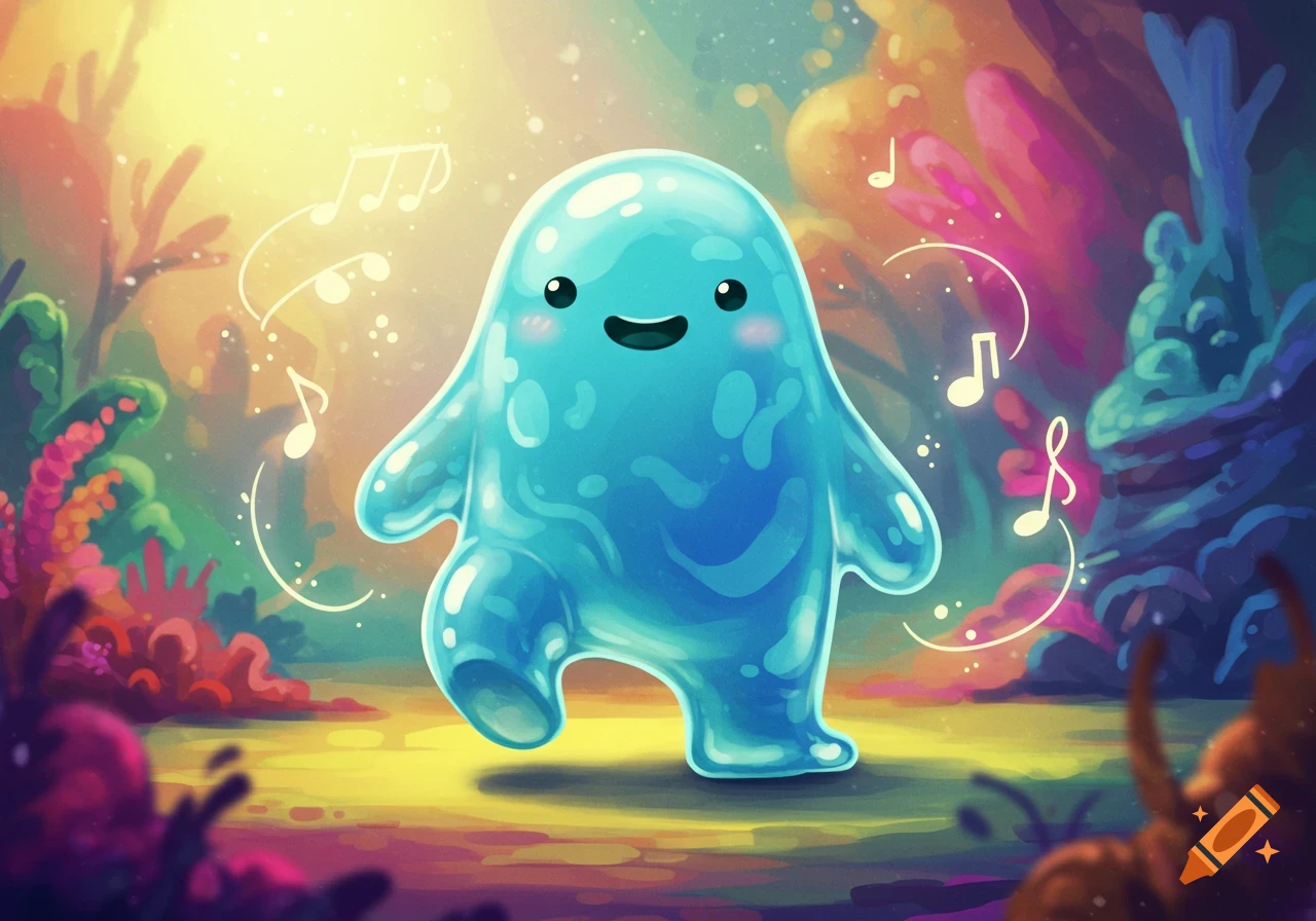 A cute, happy blue blob-like creature with pink cheeks, surrounded by musical notes, stands in a vibrant, colorful fantasy landscape.