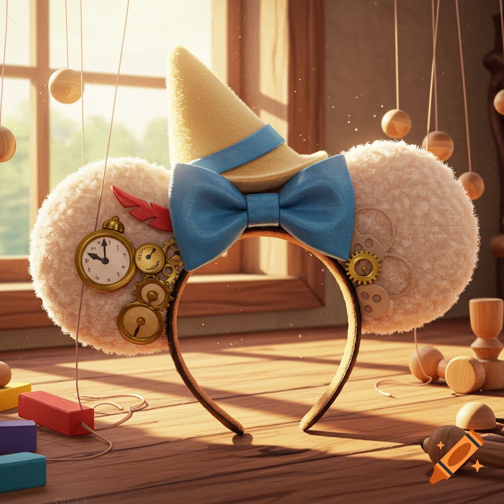 A Pinocchio-themed Mickey Mouse ear headband with a pointed hat, blue bow, golden gears, and a clock, set on a wooden table with toys and sunlight.