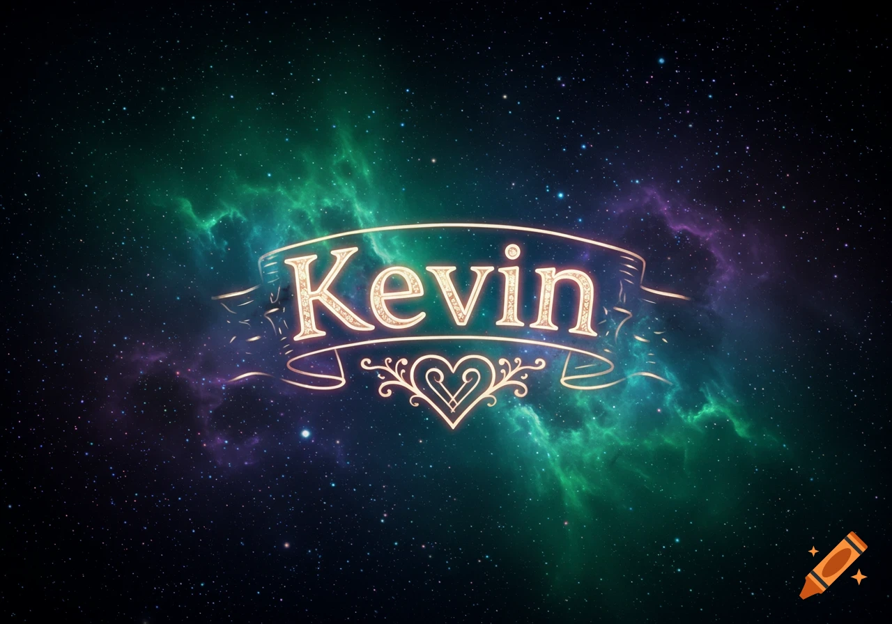 The name Kevin in a glowing golden font on a banner, set against a backdrop of a starry galaxy with green and purple nebulae.