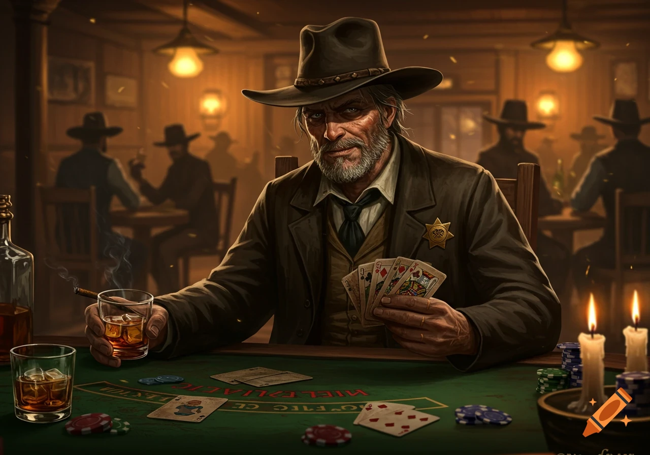 A grizzled sheriff in a cowboy hat plays cards and smokes a cigar in a dimly lit saloon.