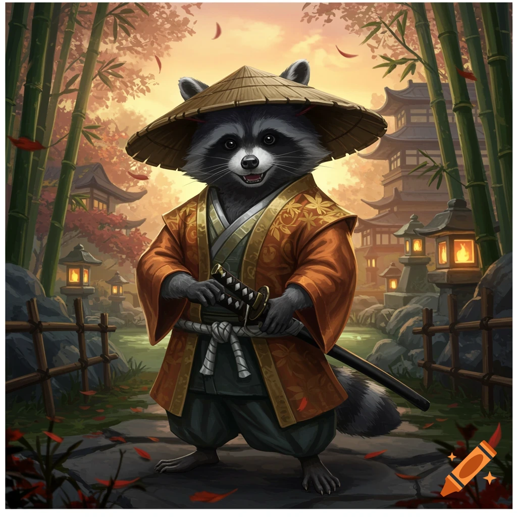 A smiling raccoon dressed as a samurai, holding a katana, stands in a serene Japanese garden with bamboo and pagodas at sunset, in an illustrative style.