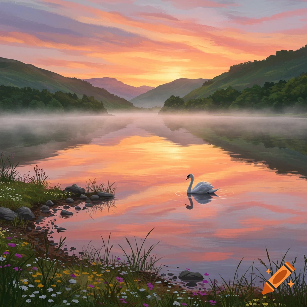 A white swan floats on a misty lake at sunrise, surrounded by mountains and wildflowers.
