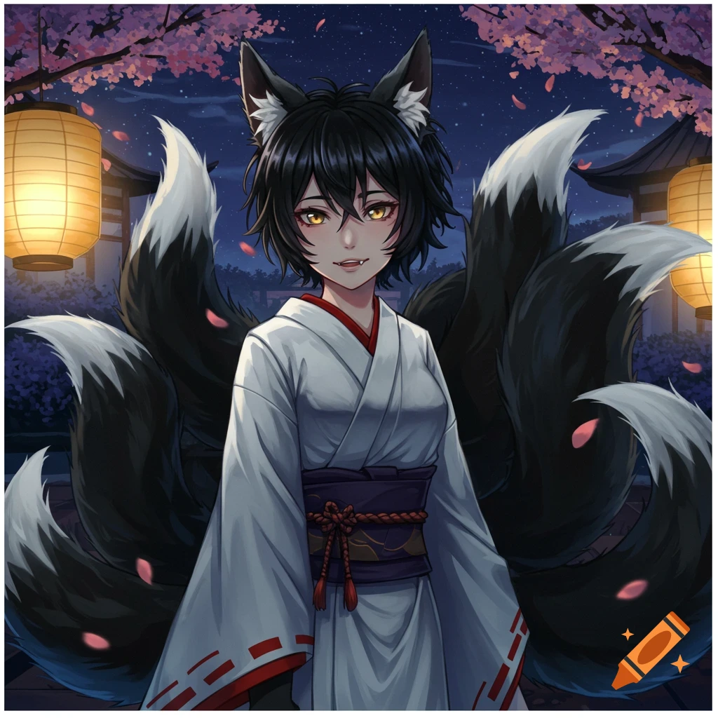 An anime kitsune woman with short black hair, golden eyes, and multiple black fox tails, wearing a white kimono, stands under cherry blossoms and lanterns at night.