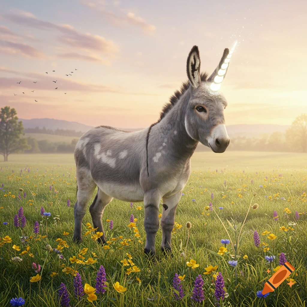 A photorealistic gray donkey with a glowing unicorn horn stands in a field of colorful wildflowers at sunrise.