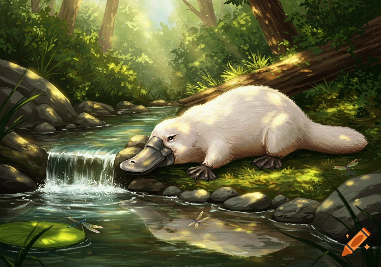 A white platypus rests by a small stream in a sunlit forest, with dragonflies fluttering around.