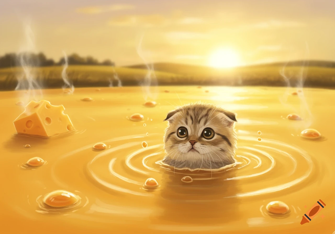 A cute Scottish fold kitten floats in a melted cheese lake with a cheese block and bubbles, under a golden sunset.
