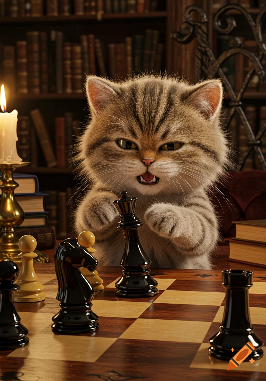 An angry-looking fluffy kitten with striped fur sits at a chessboard, ready to move a black queen, with books and a lit candle in a cozy library background.