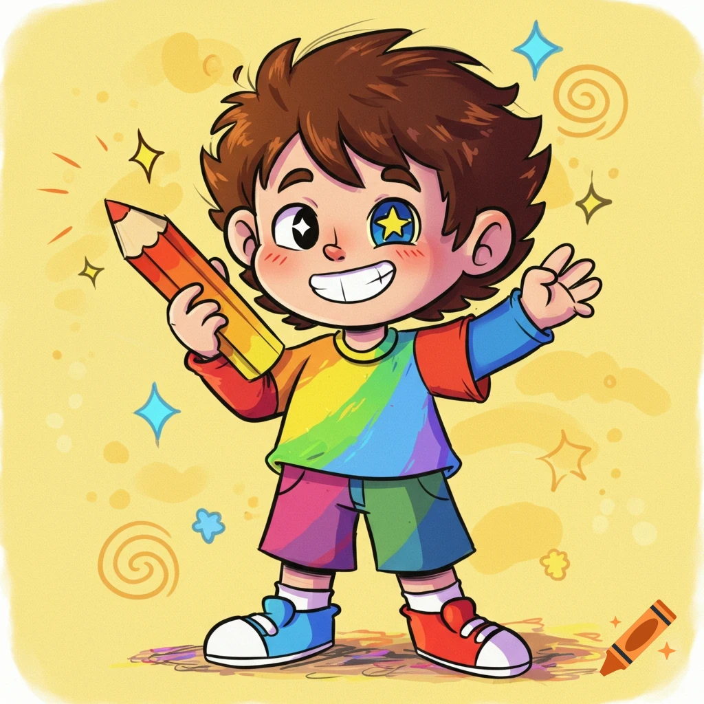 A cheerful cartoon boy in rainbow clothes holds a large crayon against a yellow background with stars and swirls.
