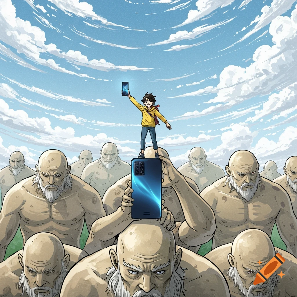 A small anime boy stands on the head of a giant, holding up a phone, surrounded by other giants under a blue sky.