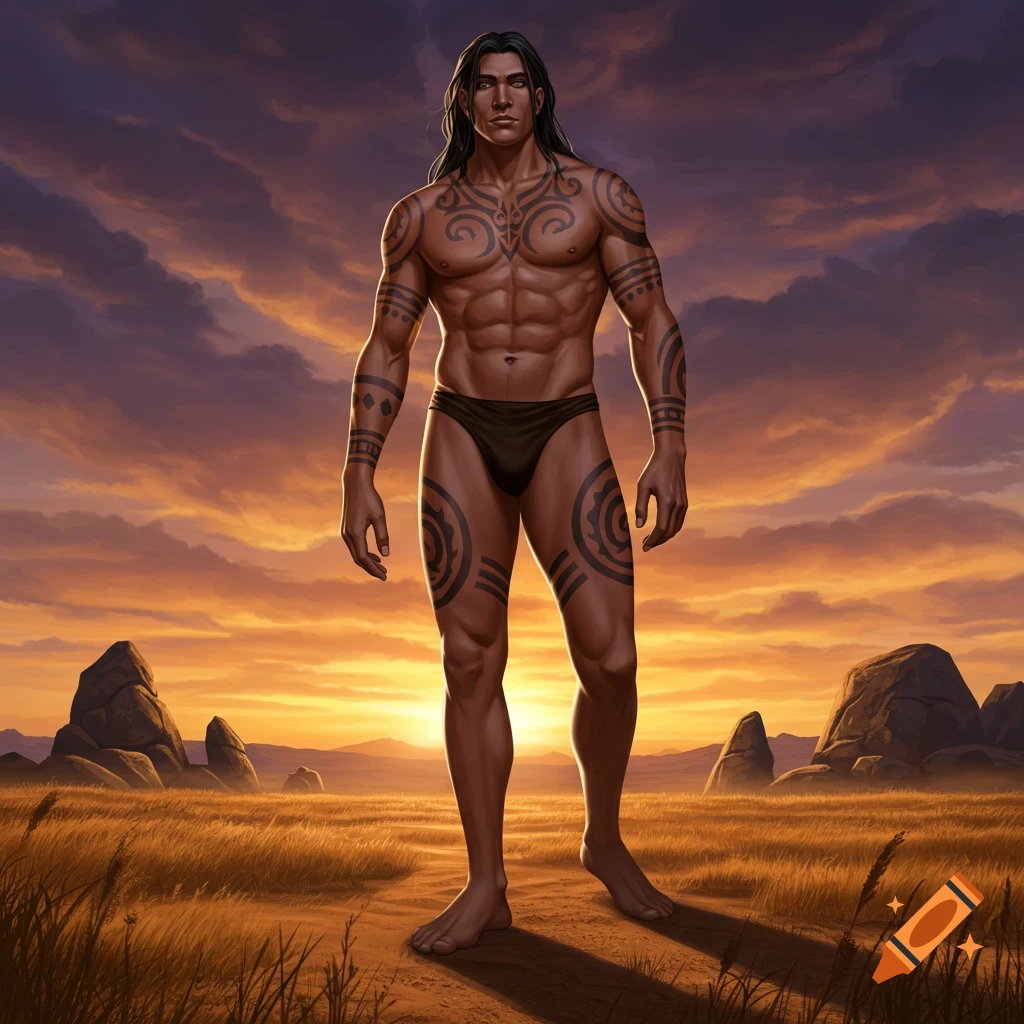 A muscular man with waist-length black hair and tribal tattoos on his body stands in a grassy field at sunset.