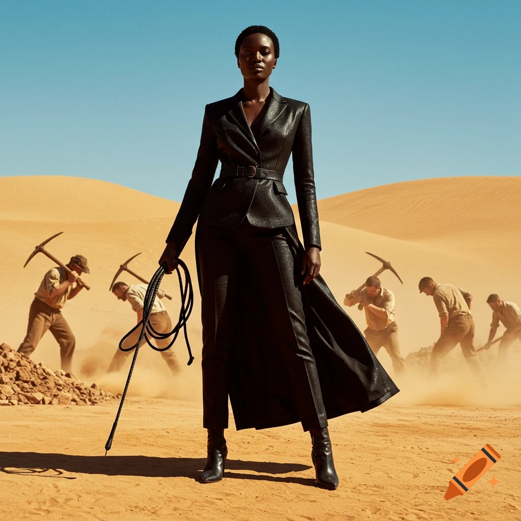 A Black woman in a sleek black outfit stands with a whip, overlooking men mining with pickaxes in a vast desert under a clear sky.