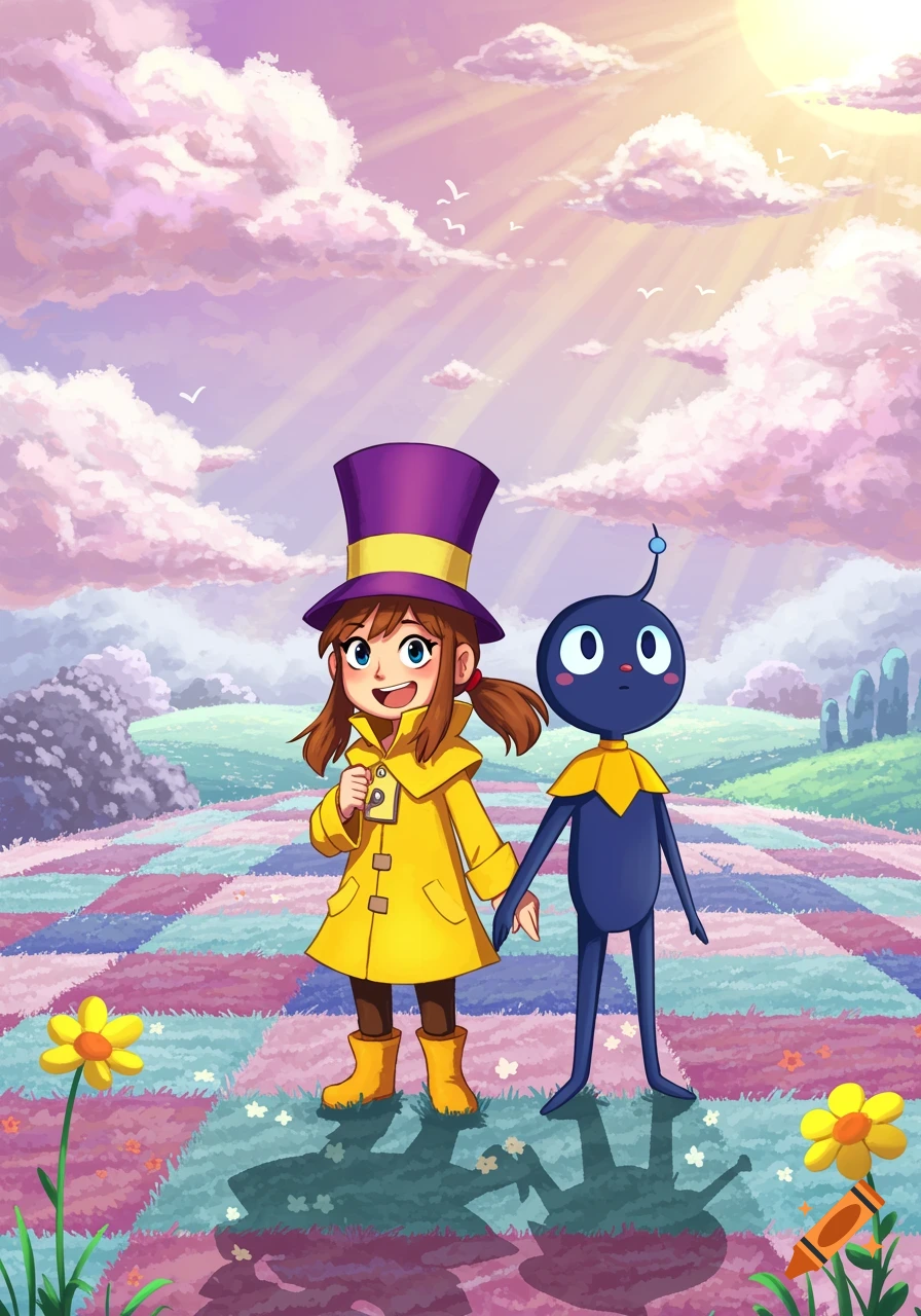 Cartoon girl in yellow raincoat and purple hat holding hands with a blue, alien-like creature in a colorful checkered field under a sunny, cloudy sky.