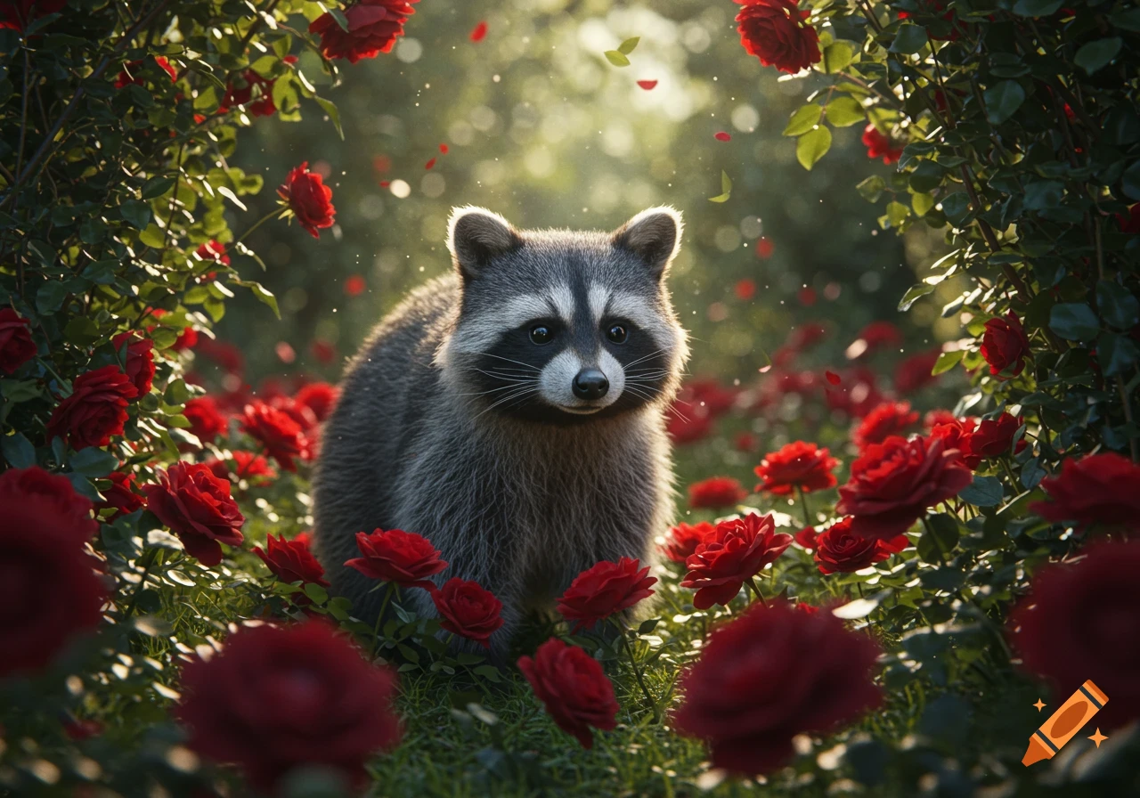 A photorealistic raccoon sits amidst a vibrant field of red roses under dappled sunlight.