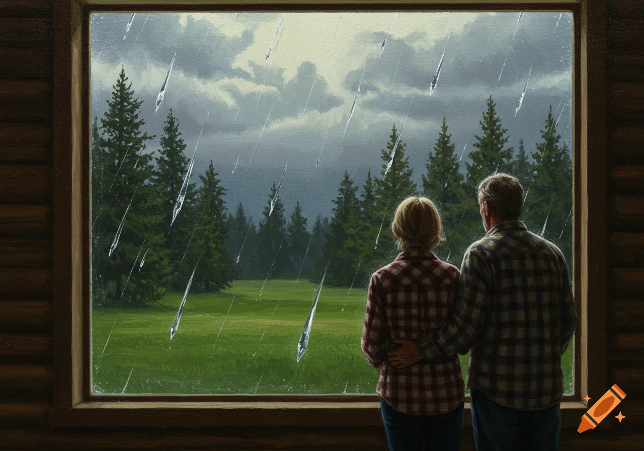 A man and woman, seen from behind, look out a window at a rainy landscape with a field and pine trees, in an oil painting style.