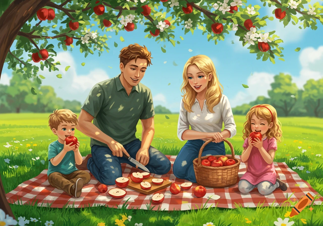An illustrated family of four having a picnic under an apple tree, eating and cutting apples on a red and white checkered blanket.