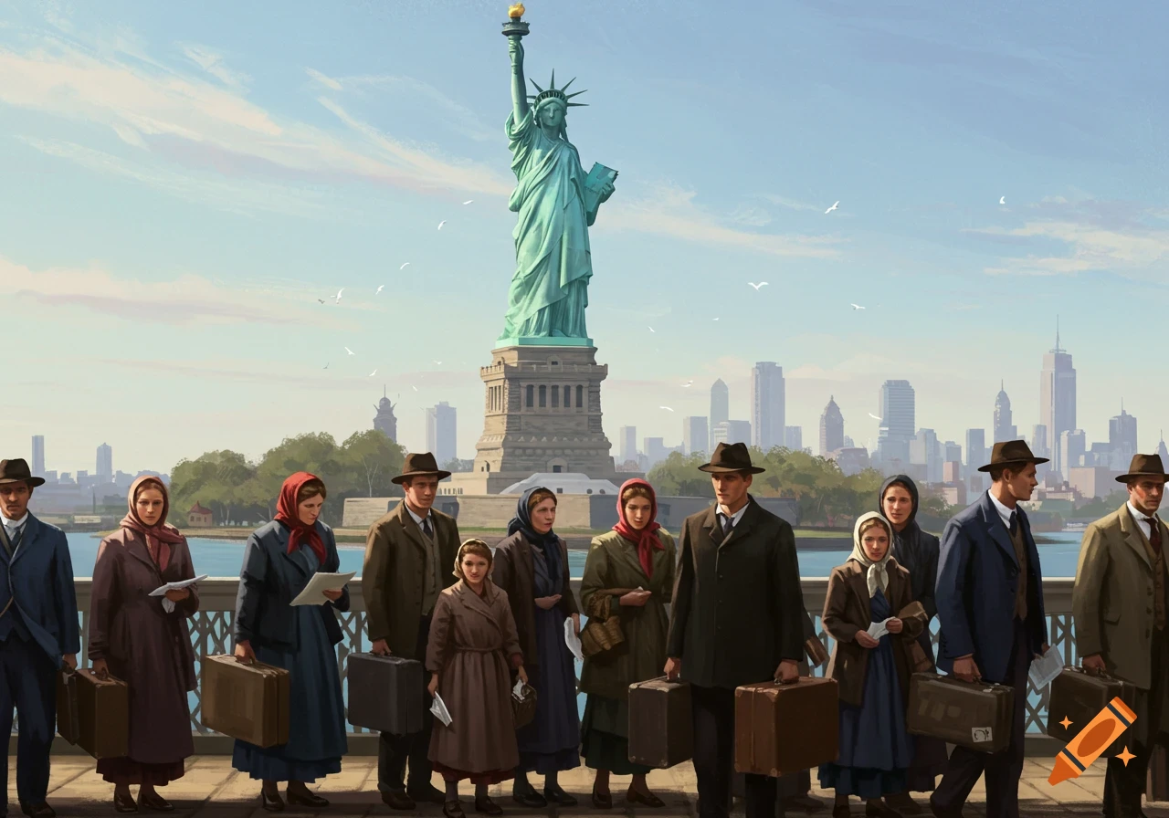 A line of immigrants with luggage stand before the Statue of Liberty and a city skyline under a clear sky, in a painterly style.