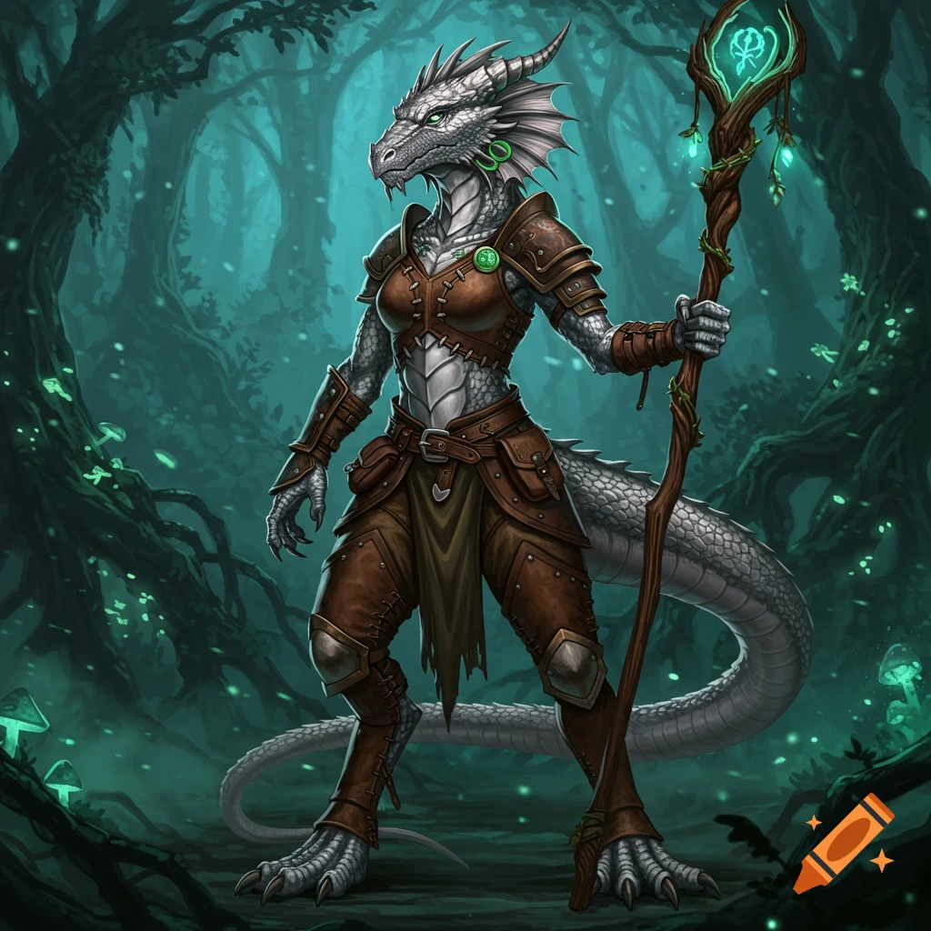 A silver-scaled female dragonborn druid stands in an enchanted forest, holding an ornate, glowing wooden staff.