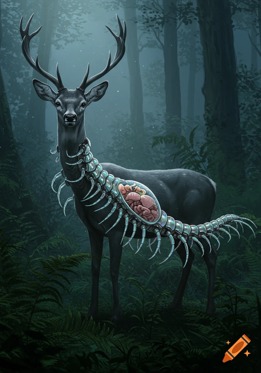 A grey deer with a glowing, biomechanical centipede-like spine exposing its internal organs, stands in a misty forest.