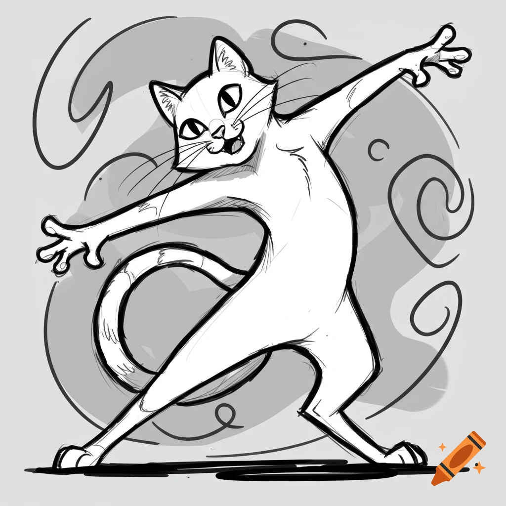 A black and white outlined cartoon cat with outstretched arms in a dynamic, dancing pose against a swirling gray background.