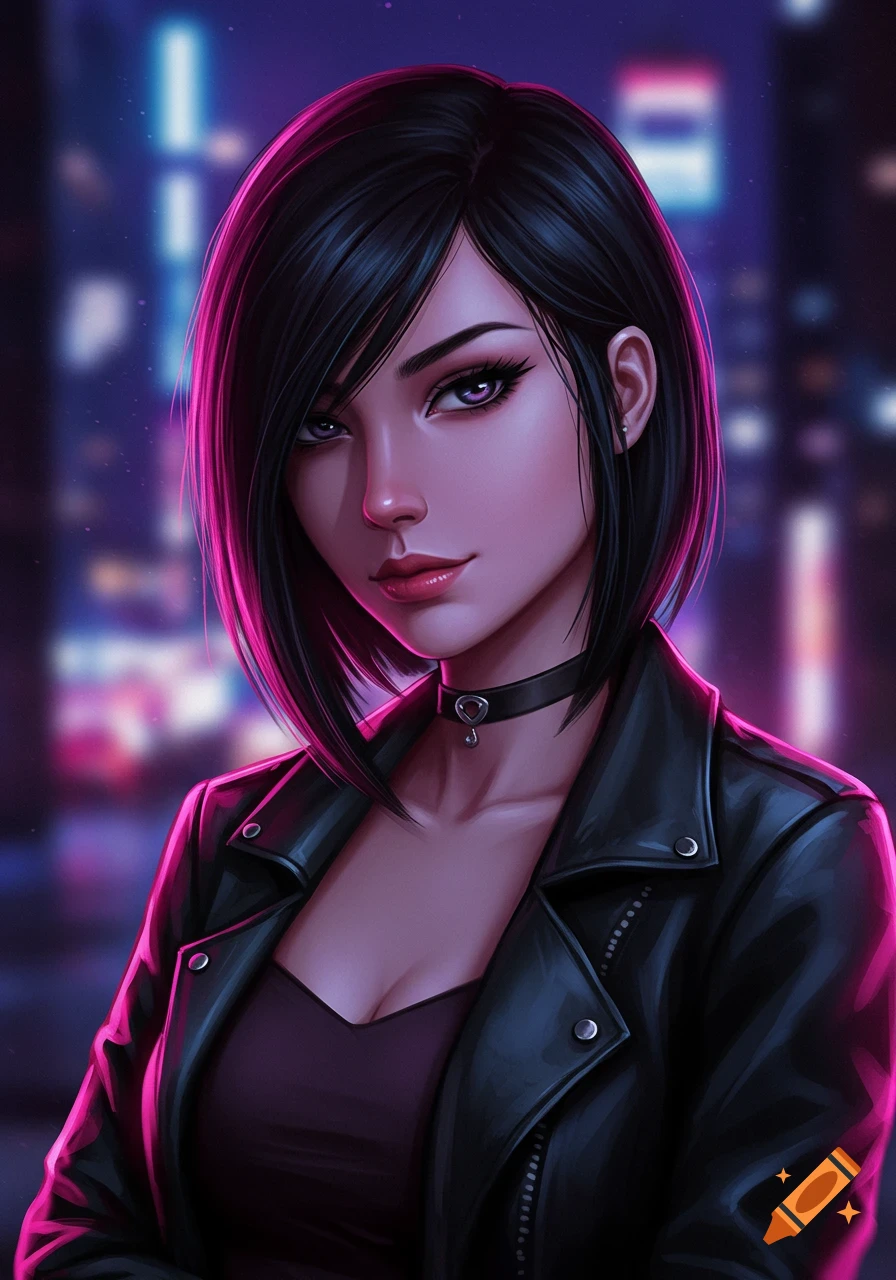 A stylized portrait of a young woman with short dark hair and a leather jacket, illuminated by neon lights.