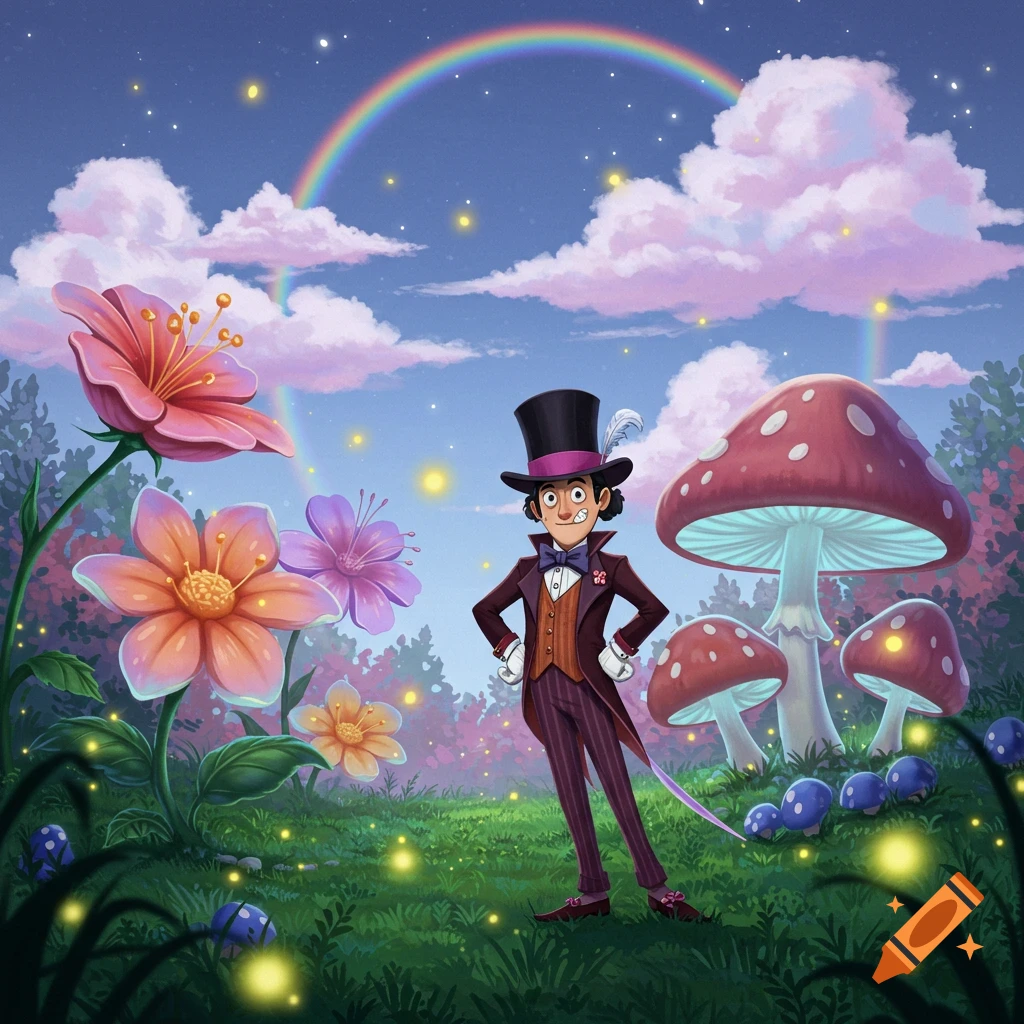 A whimsical illustration of a dandy character in a top hat and suit, standing in a magical field with giant flowers, glowing mushrooms, and a rainbow.