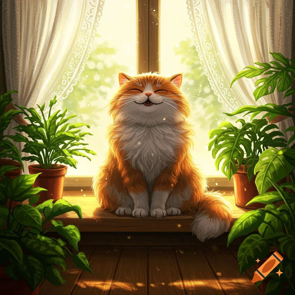 A happy fluffy orange and white cat sits on a sunny windowsill surrounded by green houseplants.