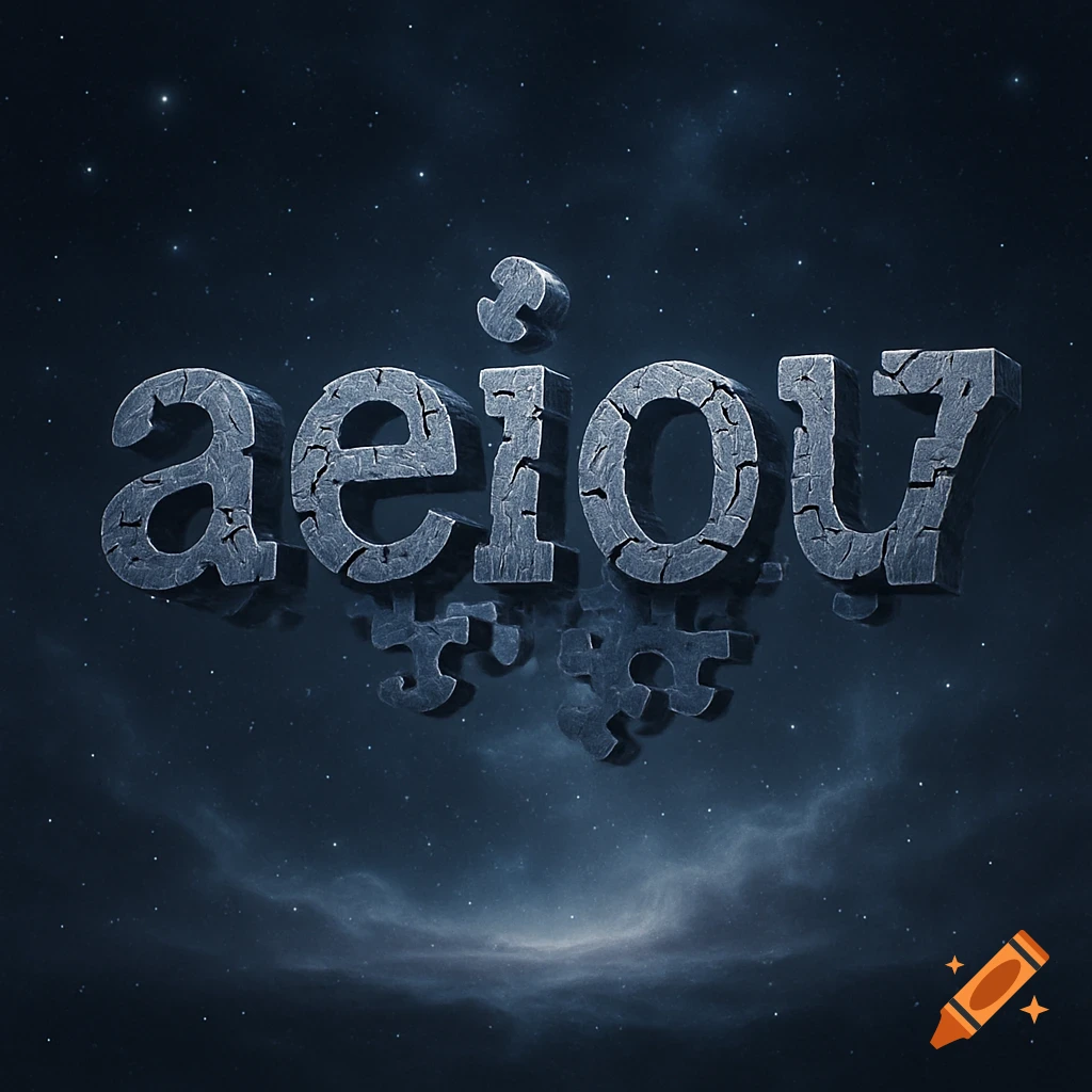 3D cracked stone letters aeiou7 floating above their reflections on a reflective surface, against a starry night sky with nebula clouds.