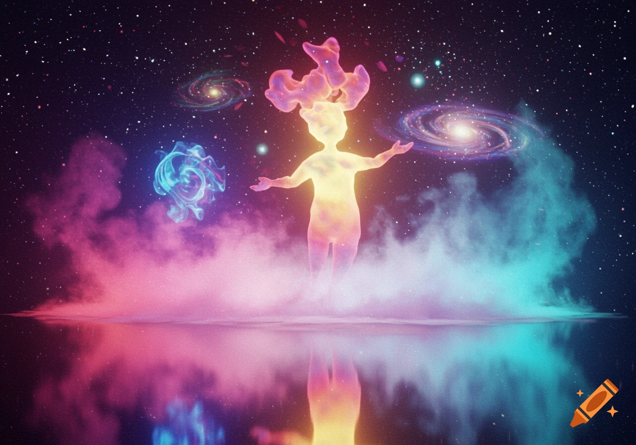 A vibrant, glowing figure with outstretched arms stands on a reflective surface amidst pink and blue nebulae under a starry sky with galaxies.
