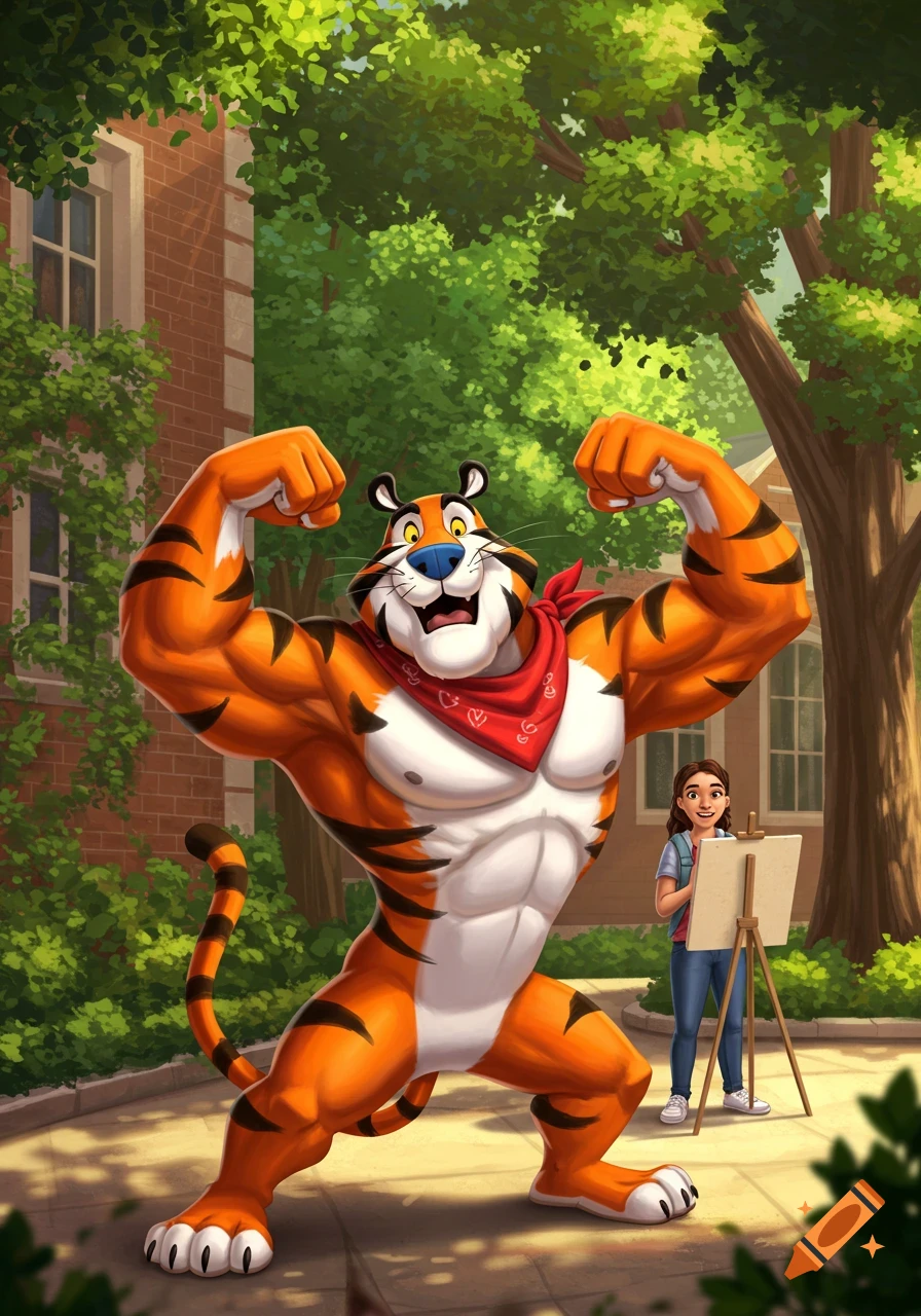 Tony the Tiger flexing his muscles outdoors while a college art student paints on an easel in the background.
