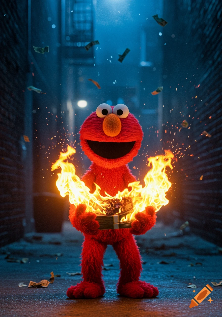 Elmo, a red muppet, smiles while holding a burning stack of cash in a dark, urban alley as money floats around him.