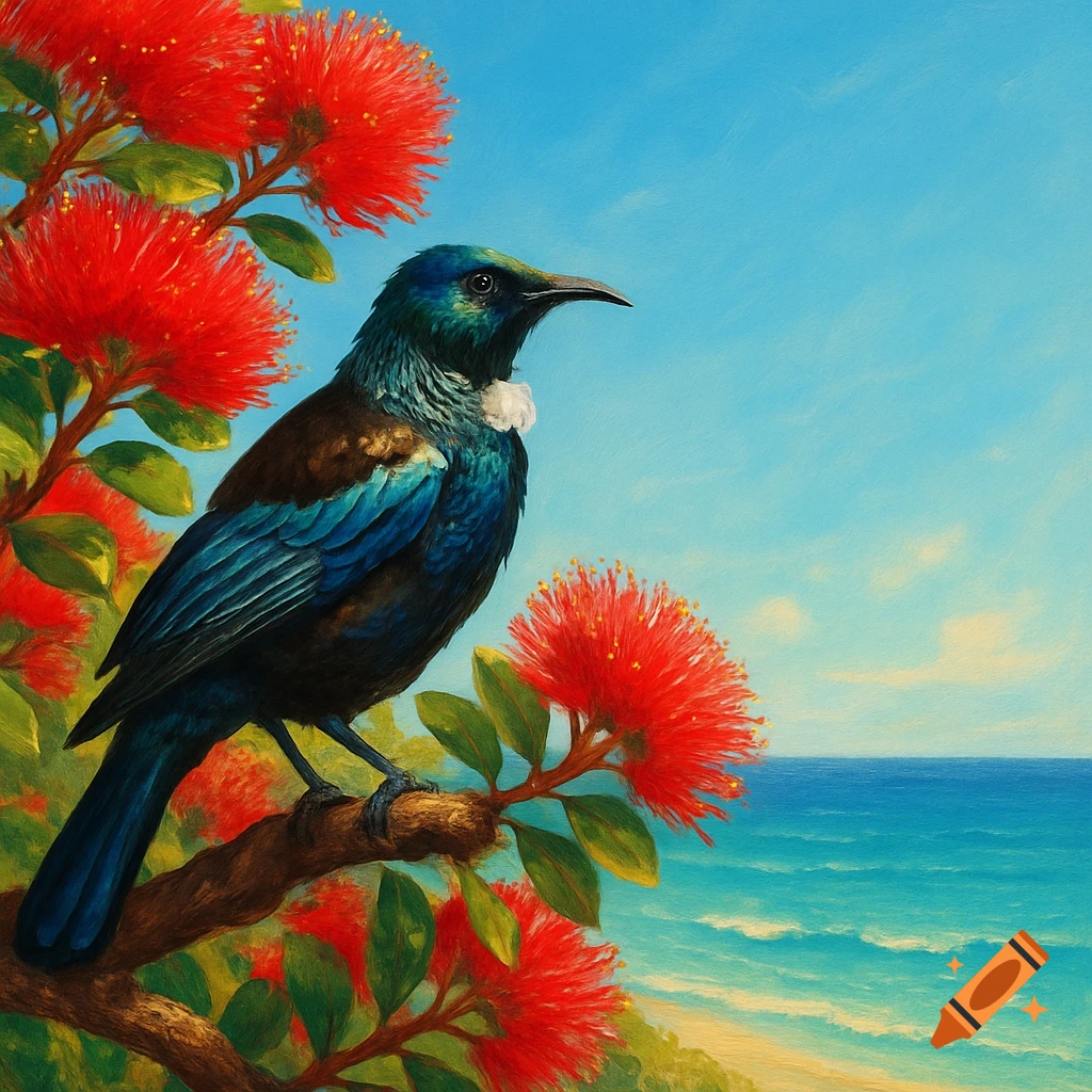 A painting of a tui bird perched on a branch of a red-flowered pohutukawa tree overlooking a blue ocean.