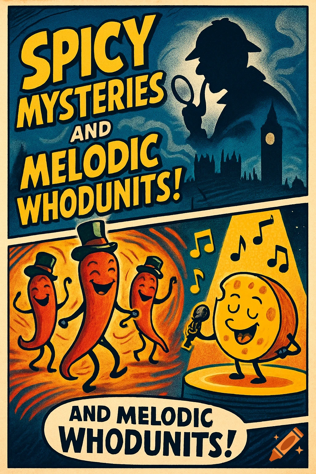 A vintage-style poster depicting a silhouette of Sherlock Holmes over a cityscape, and cartoon peppers dancing while a cheese wedge sings into a microphone, with text reading "SPICY MYSTERIES AND MELODIC WHODUNITS!"