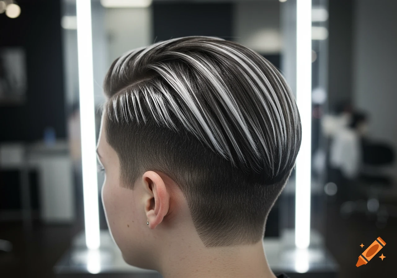 Rear view of a person with a slicked-back, tapered haircut featuring dark hair with striking white highlights, in a salon setting.