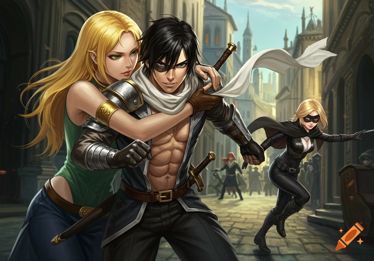 Fantasy anime illustration of a black-haired man embraced by a blonde woman with pointed ears, as a blonde woman in black runs in a city street.