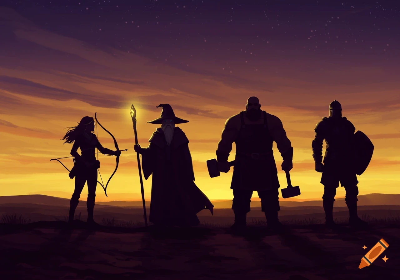Silhouette of an archer, wizard, blacksmith, and knight standing against a vibrant sunset sky with stars.