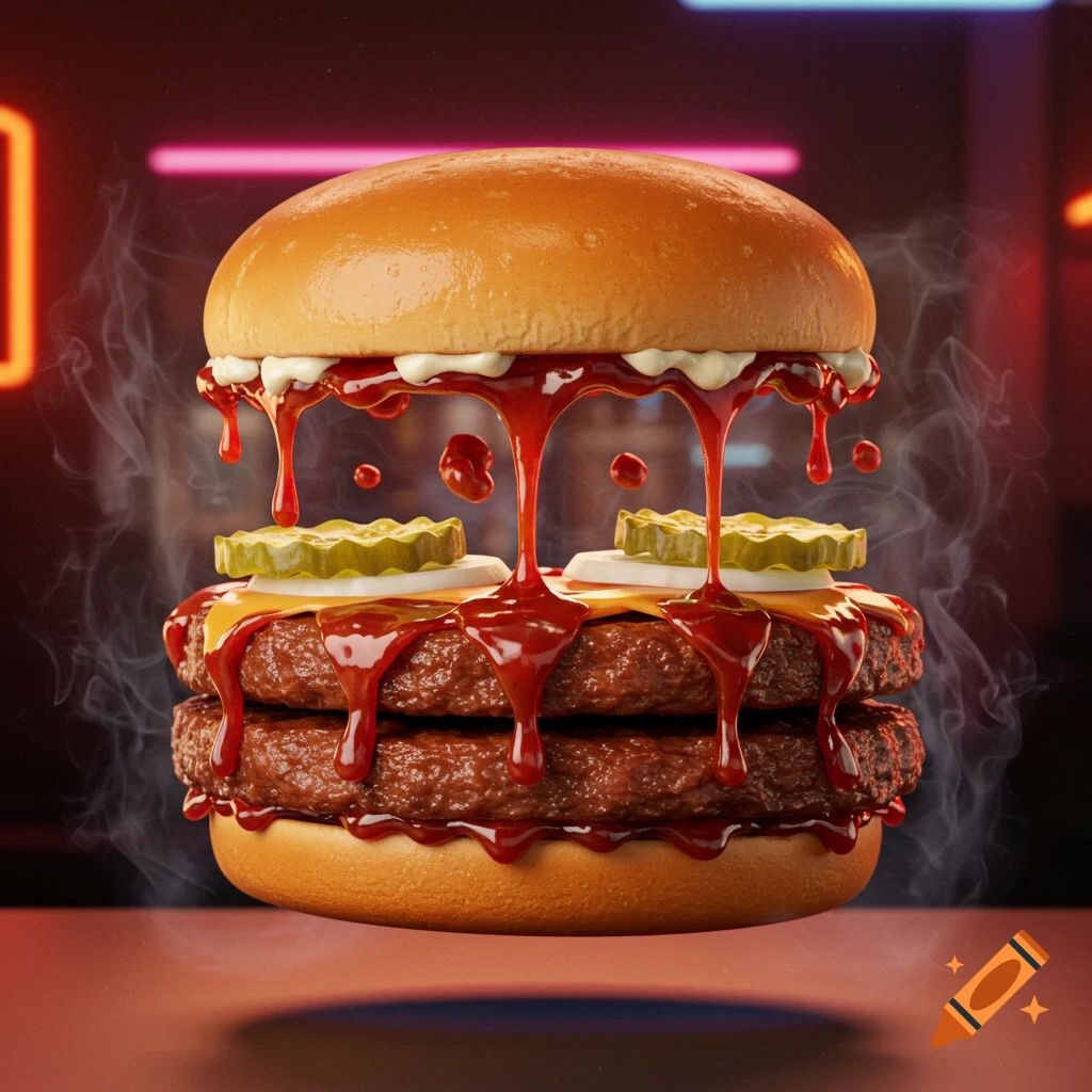 A photorealistic double-patty hamburger with melting cheese, dripping red sauce, pickles, and onions, floating amidst smoke in a neon-lit background.