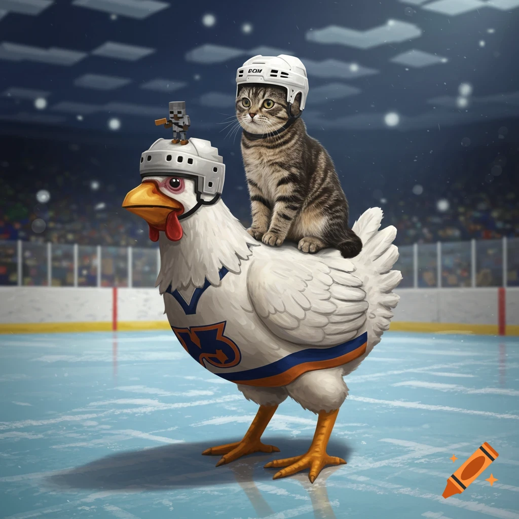 A tabby cat in a hockey helmet rides a chicken wearing a hockey jersey with number 53 and a helmet with a small Minecraft character, on an ice rink.