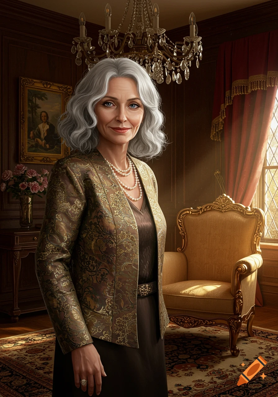 Photorealistic portrait of an elegant mature woman with grey hair, subtle smile, patterned jacket, and pearls in a luxurious room.